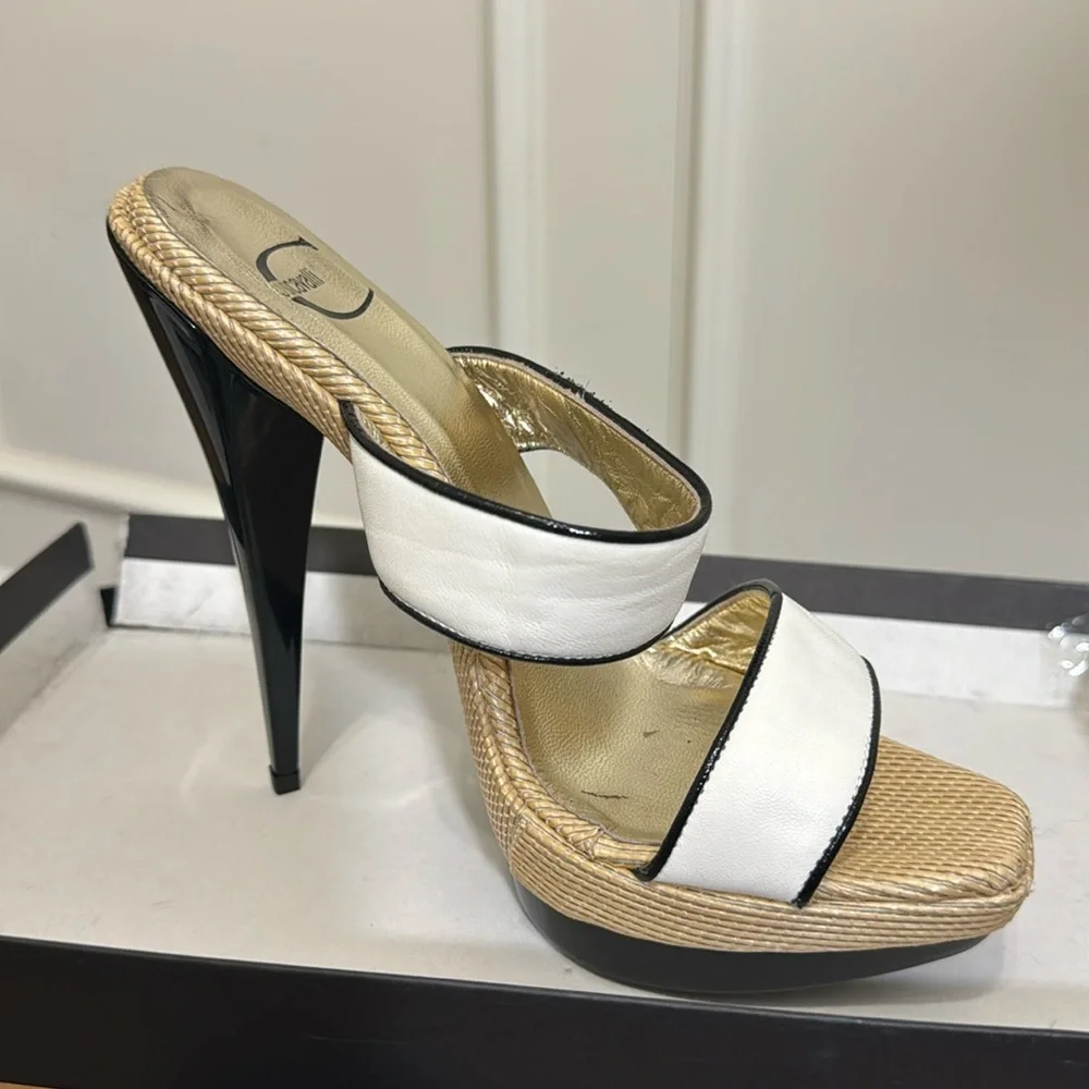 Just Cavalli heels, white with black piping and heel, rafia platform